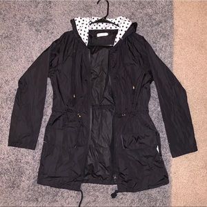 Black Cinched Rain Jacket & Polka Dot Lined Hood